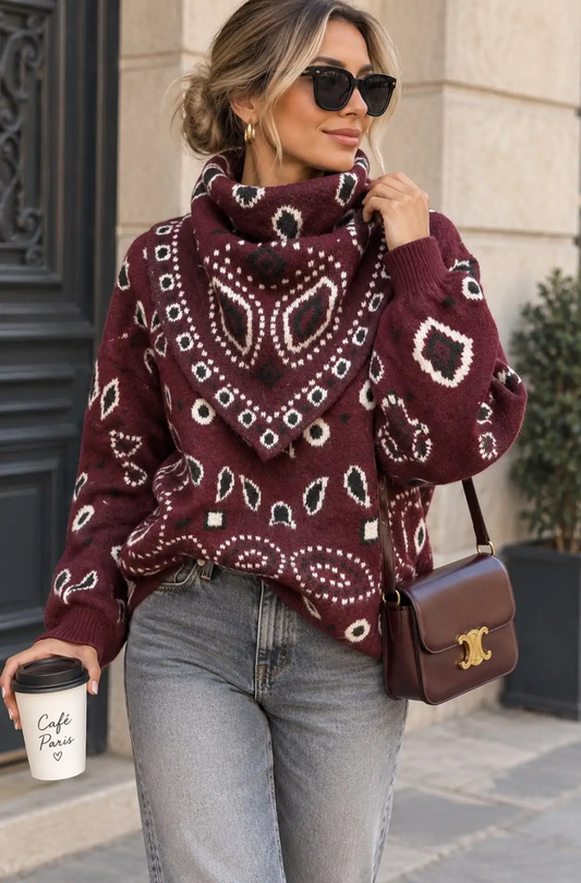 Pull en Maille Motif Bandana avec Foulard Assorti