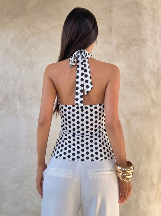 Top Licou à Pois avec Volants et Boucle Dorée