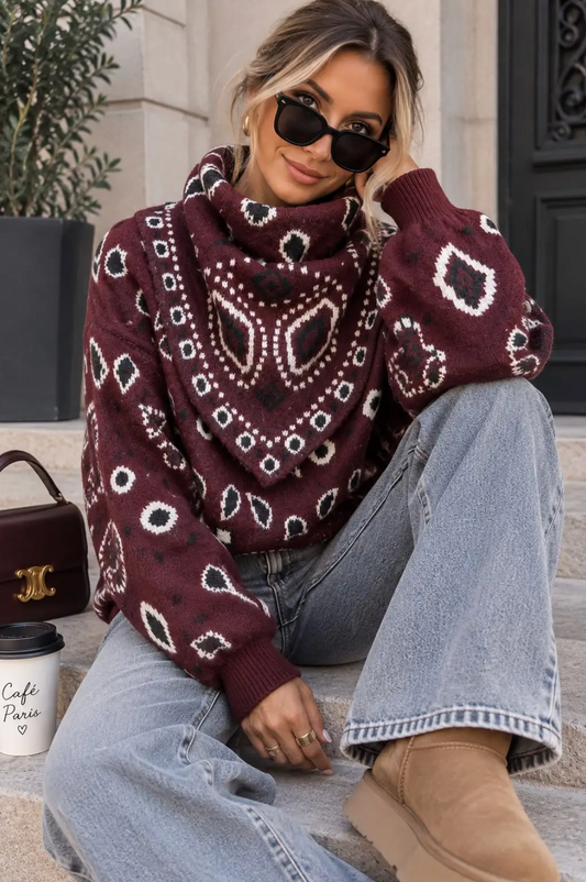 Pull en Maille Motif Bandana avec Foulard Assorti