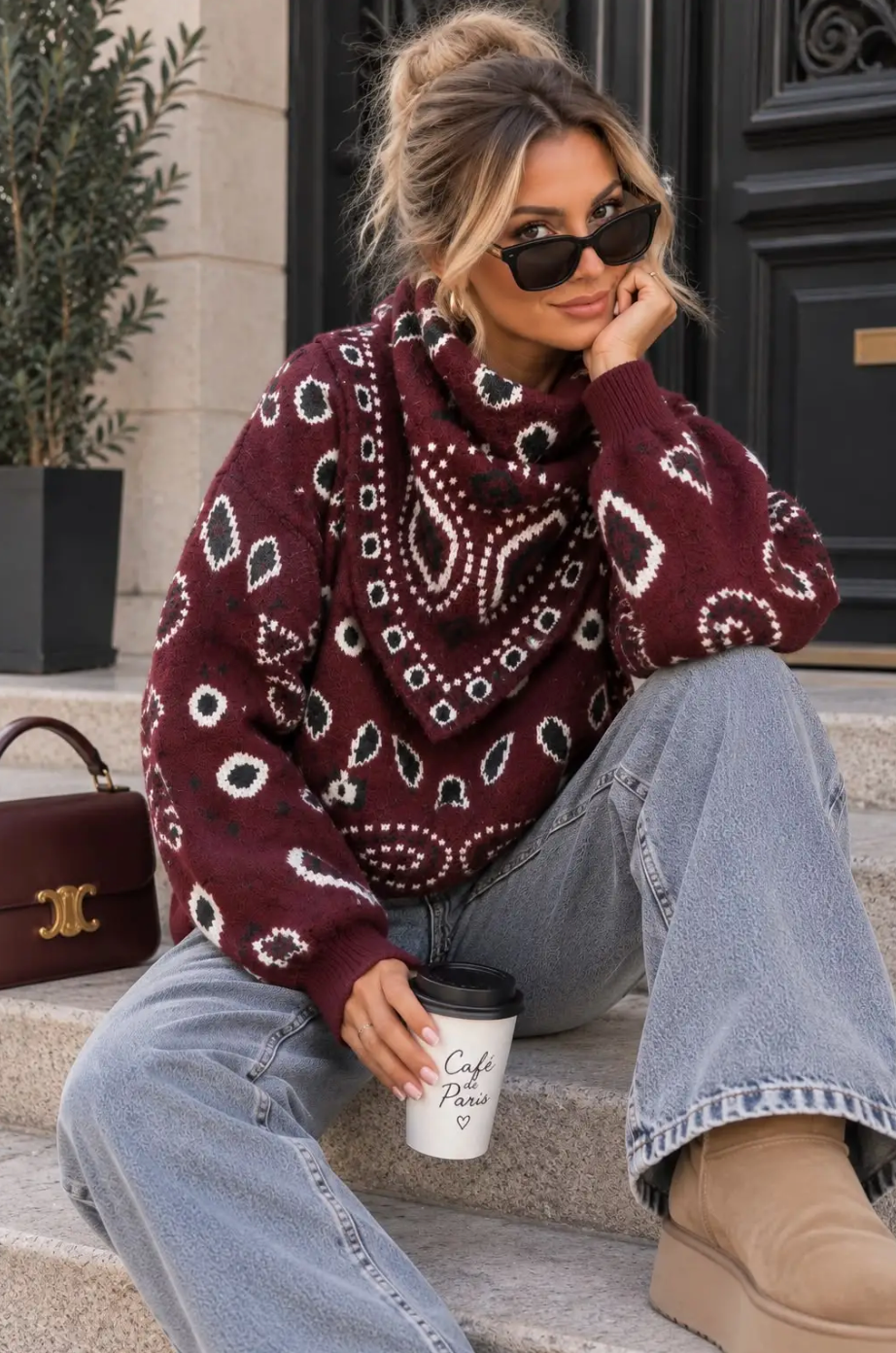 Pull en Maille Motif Bandana avec Foulard Assorti