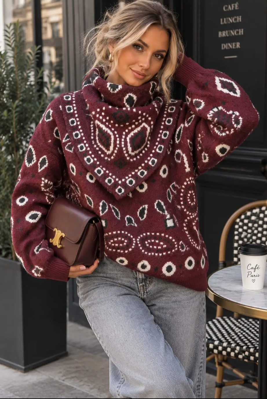 Pull en Maille Motif Bandana avec Foulard Assorti