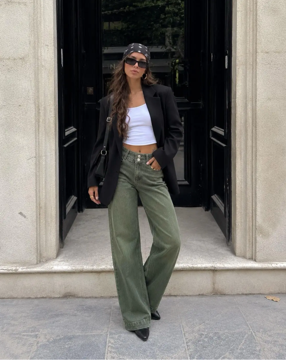 Jean Wide leg double bouton Vert Olive