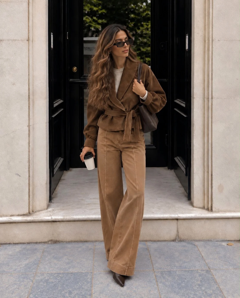 Jean Wide Leg avec Couture Camel Taupe
