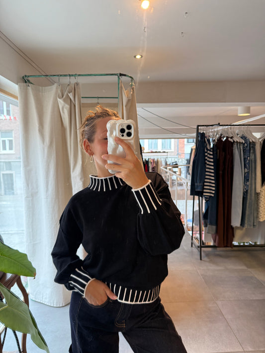 Pull Maille à Bordures Contrastées Manches Bouffantes 3 coloris