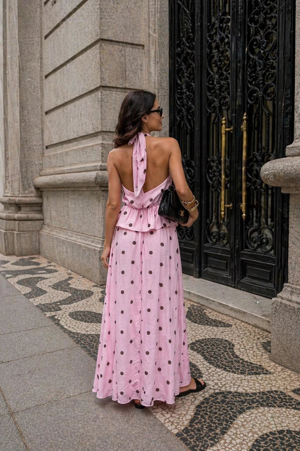 Ensemble top Péplum et jupe longue à pois