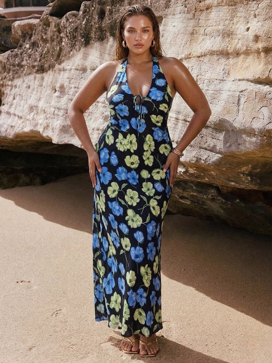 PLUS SIZE: Robe longue florale dos nu